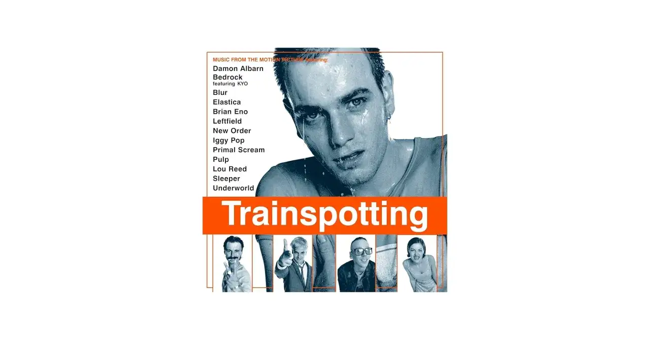 Banda sonora de Trainspotting con Damon Albarn, Blur, Iggy Pop y más. La imagen muestra a Ewan McGregor y a otros actores.