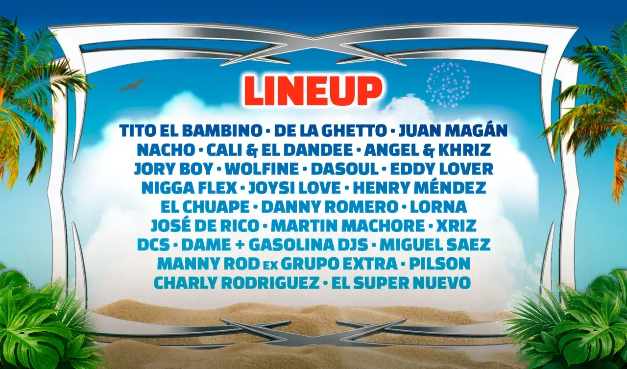 Cartel del Reggaeton Beach Festival Madrid con el lineup: Tito El Bambino, Cali y El Dandee, Juan Magán y más artistas.