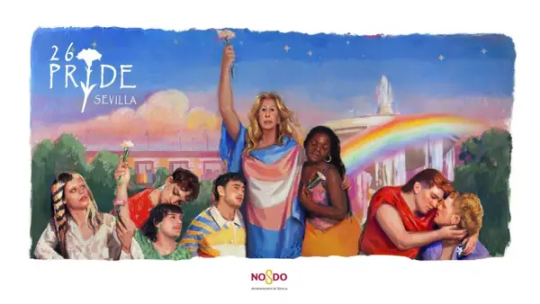Cartel del alameda festival Pride Sevilla 2024. Diversas personas celebran con flores y banderas, unidas bajo un arcoíris.